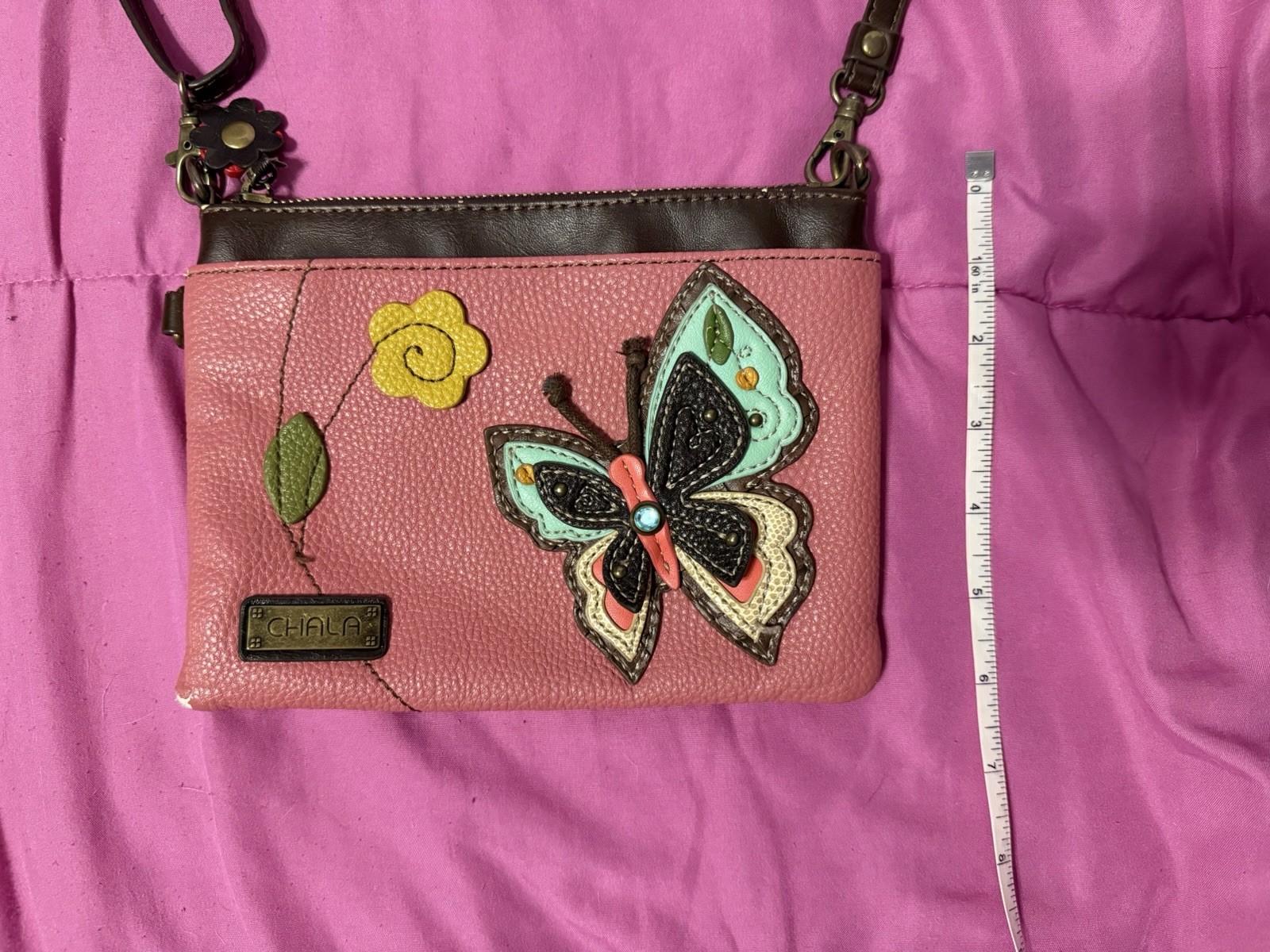 Chala Pink Butterfly Flower Accent Crossbody Bag Brown Strap Bronze Zipper Purse