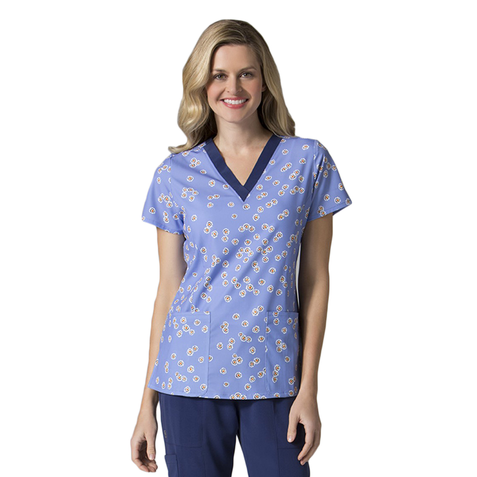 Maevn Women’s Print Scrub Top 1727 DDW Daffodill Wonder V-Neck Sizes XS to 2XL