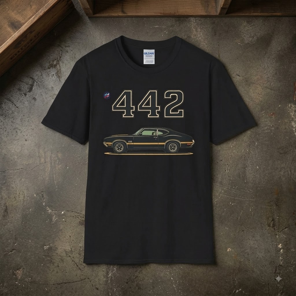 Olds 442 Shirt – Classic Black & Gold Muscle Car Graphic Tee V4