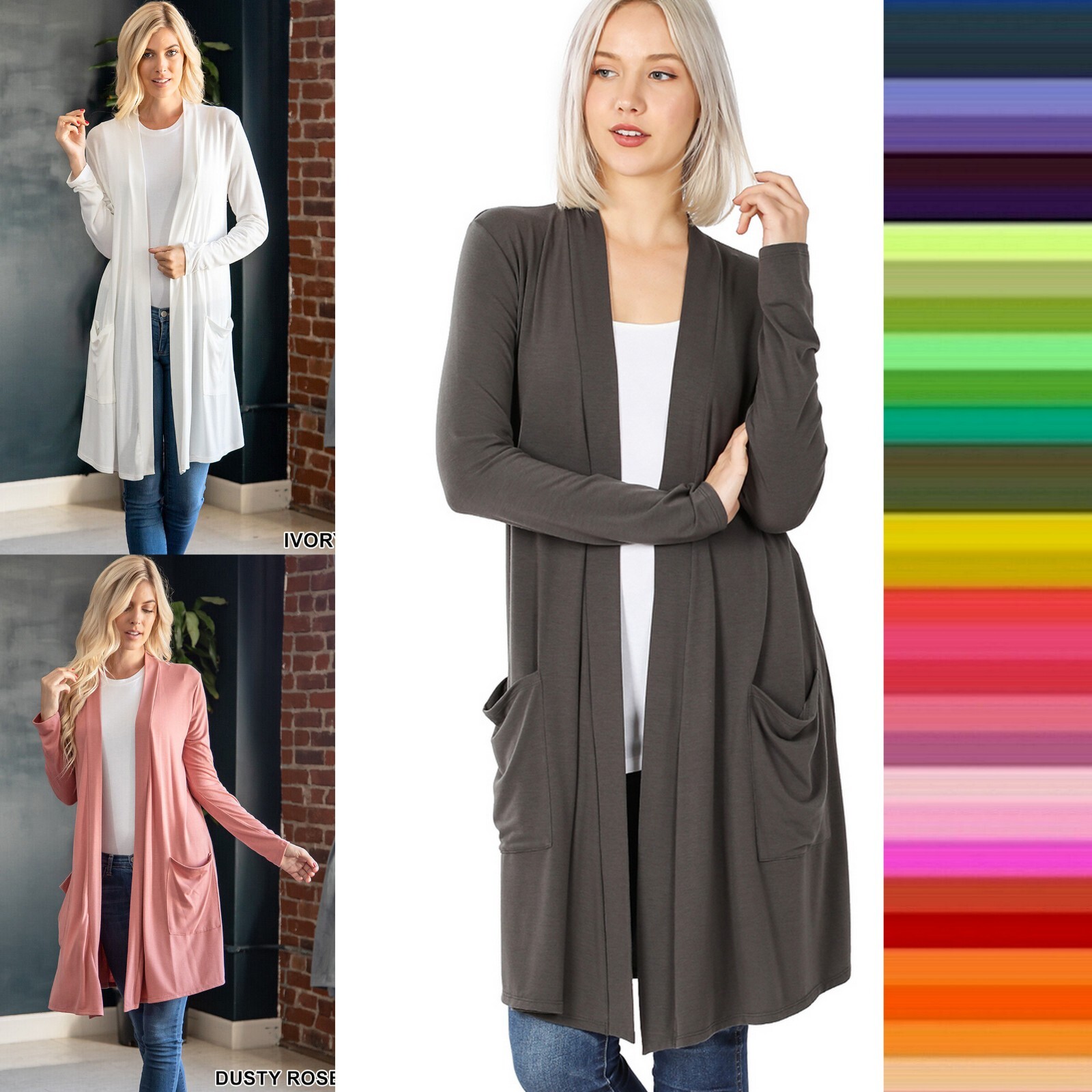 Women’s Open Front Long Sleeve Knee Length Long Cardigan Slouchy Side Pockets