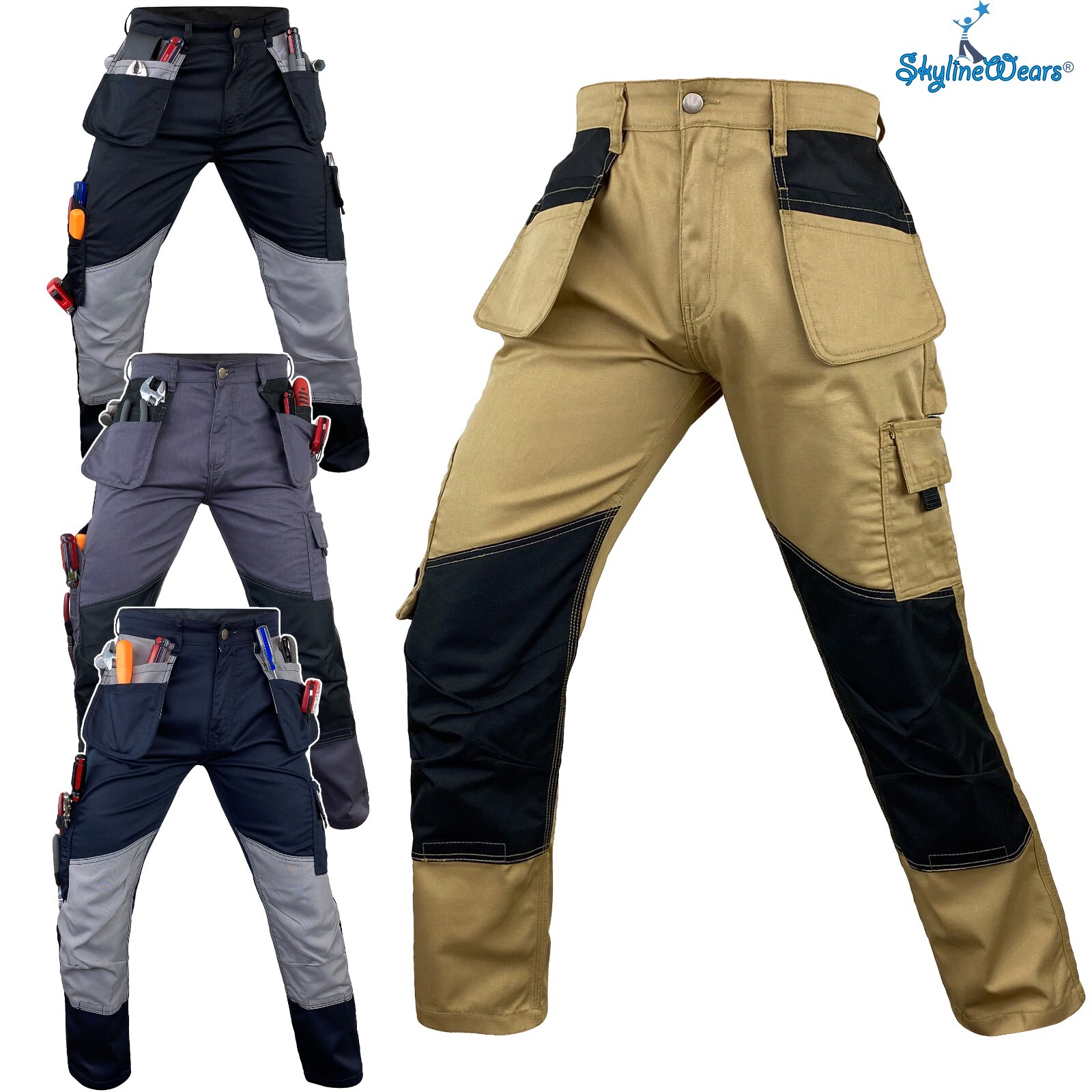 Men Workwear Pants With Cordura Knee Reinforcement Utility Work Cargo Trousers
