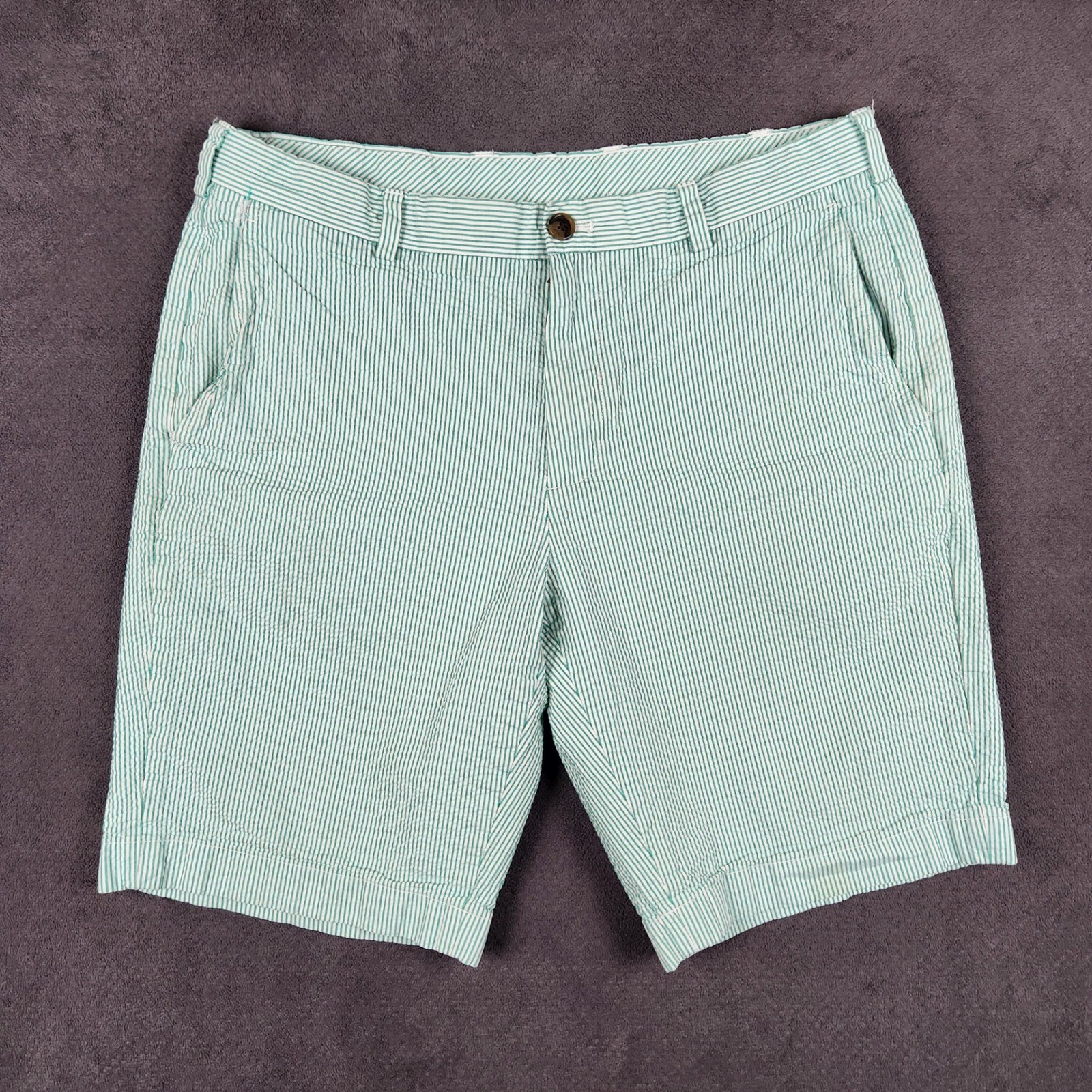 Brooks Brothers 346 Seersucker Shorts Mens 35 Green White Striped Cotton 34×10