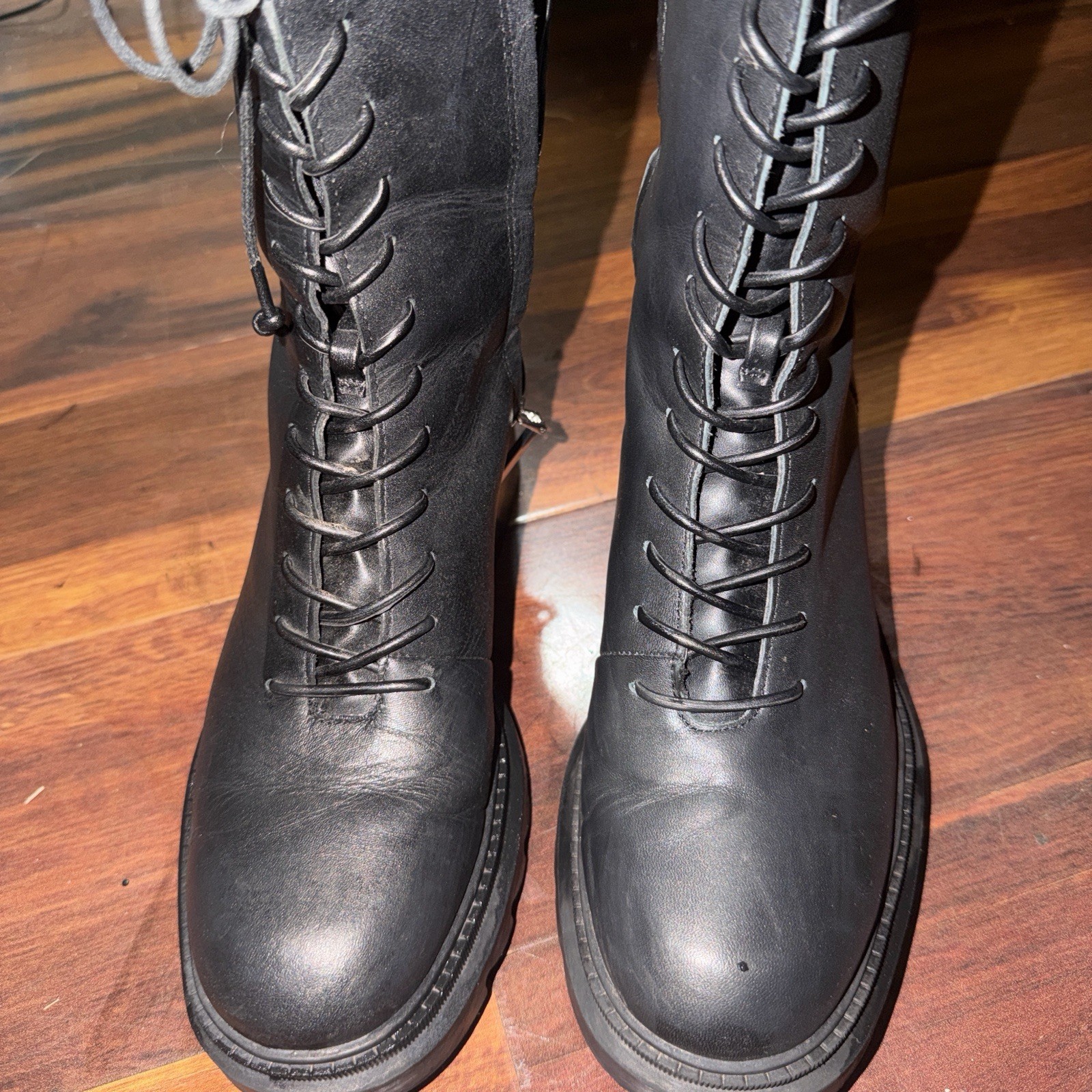 Black Leather Lace-Up Mid-Calf Combat Boots with Side Zipper and Chunky Heel