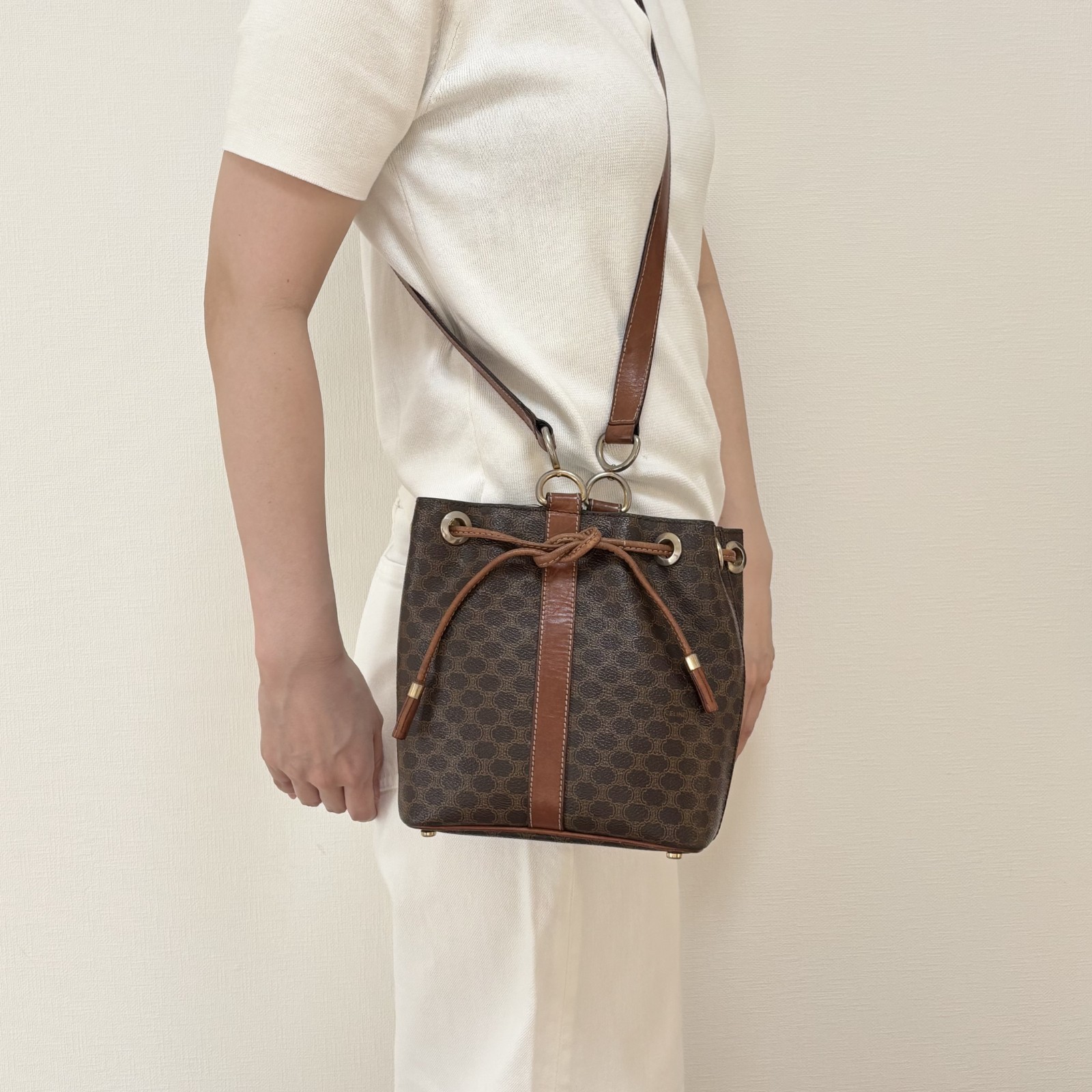 Vintage CELINE Macadam Drawstring Bucket One Shoulder Bag PVC Leather Brown