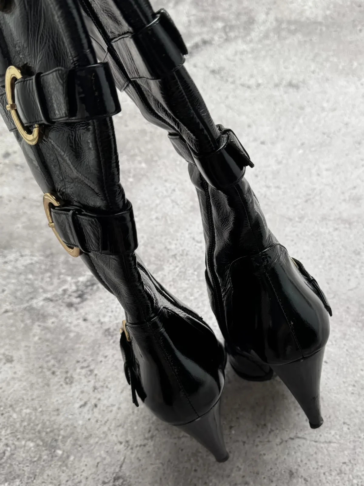 Vintage Black Patent Leather Knee High Boots Womens 36 Buckle High Heel Goth