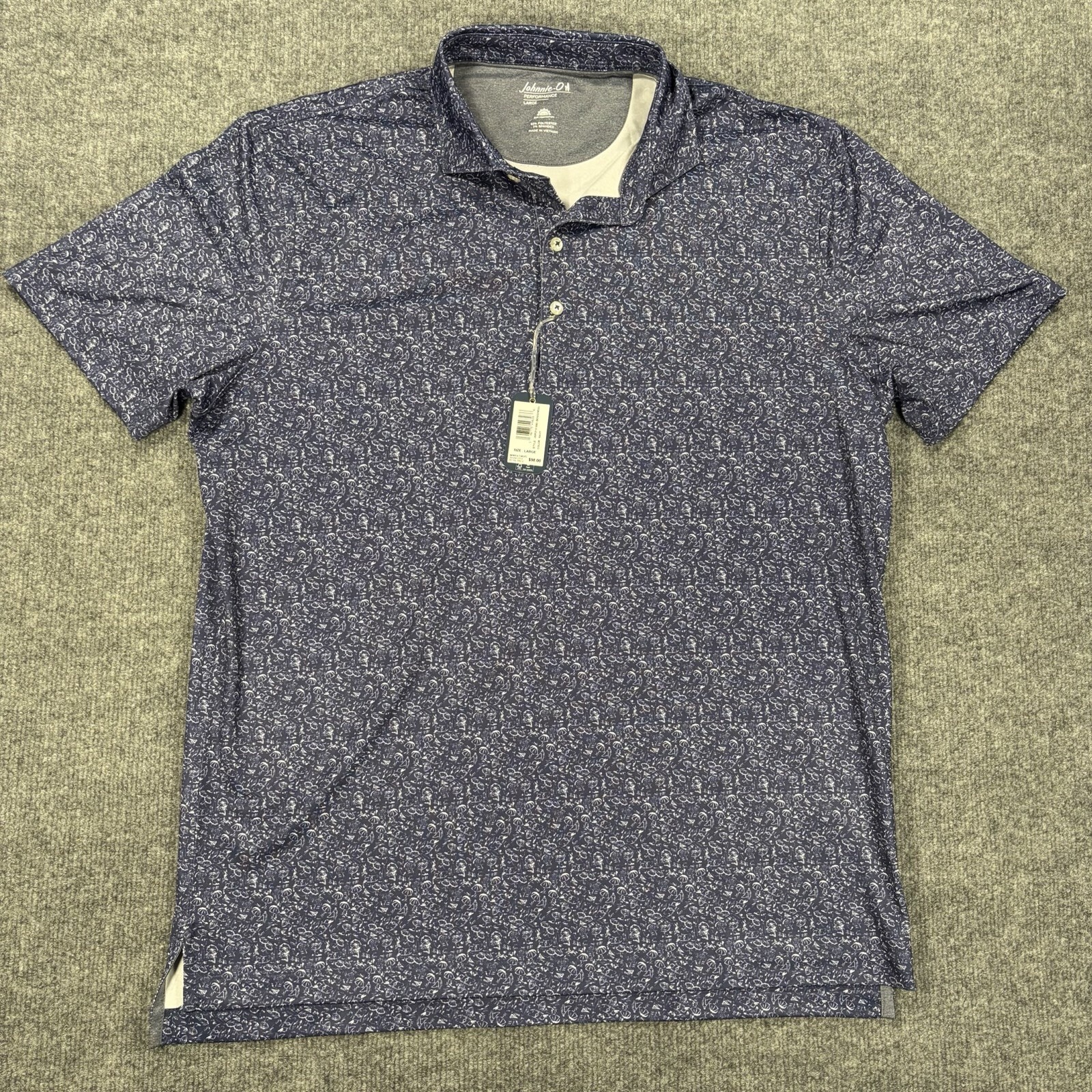 NWT Johnnie-O Performance Polo Mens L Blue Graphic Golf Shirt Stretch Tech