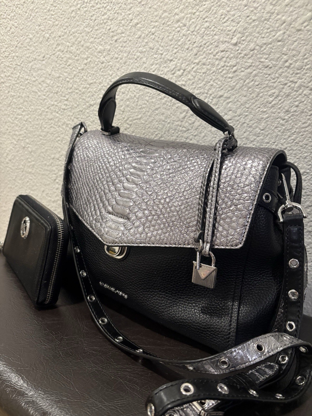 Michael Kors Black Satchel w Snake Print Flap, Silver Hardware & wallet