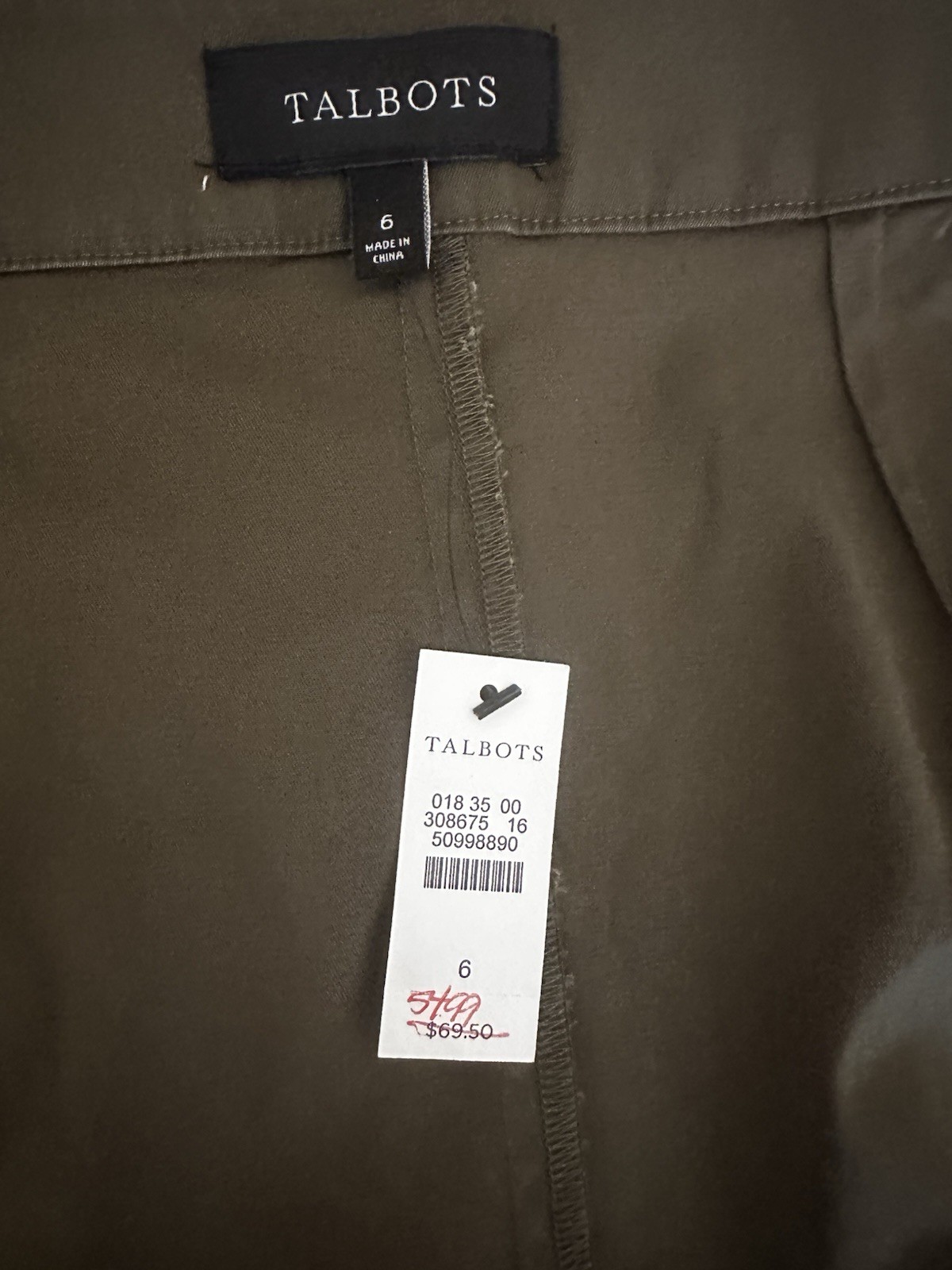 Talbots Olive Green Utility Button Front Cotton Stretch Skirt Women Size 6 NWT