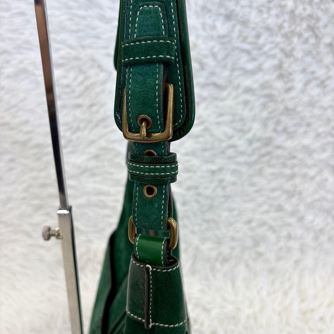 COACH Vintage Suede Hobo Shoulder Bag Green Gold Tassel Women 12.6in Lush Style