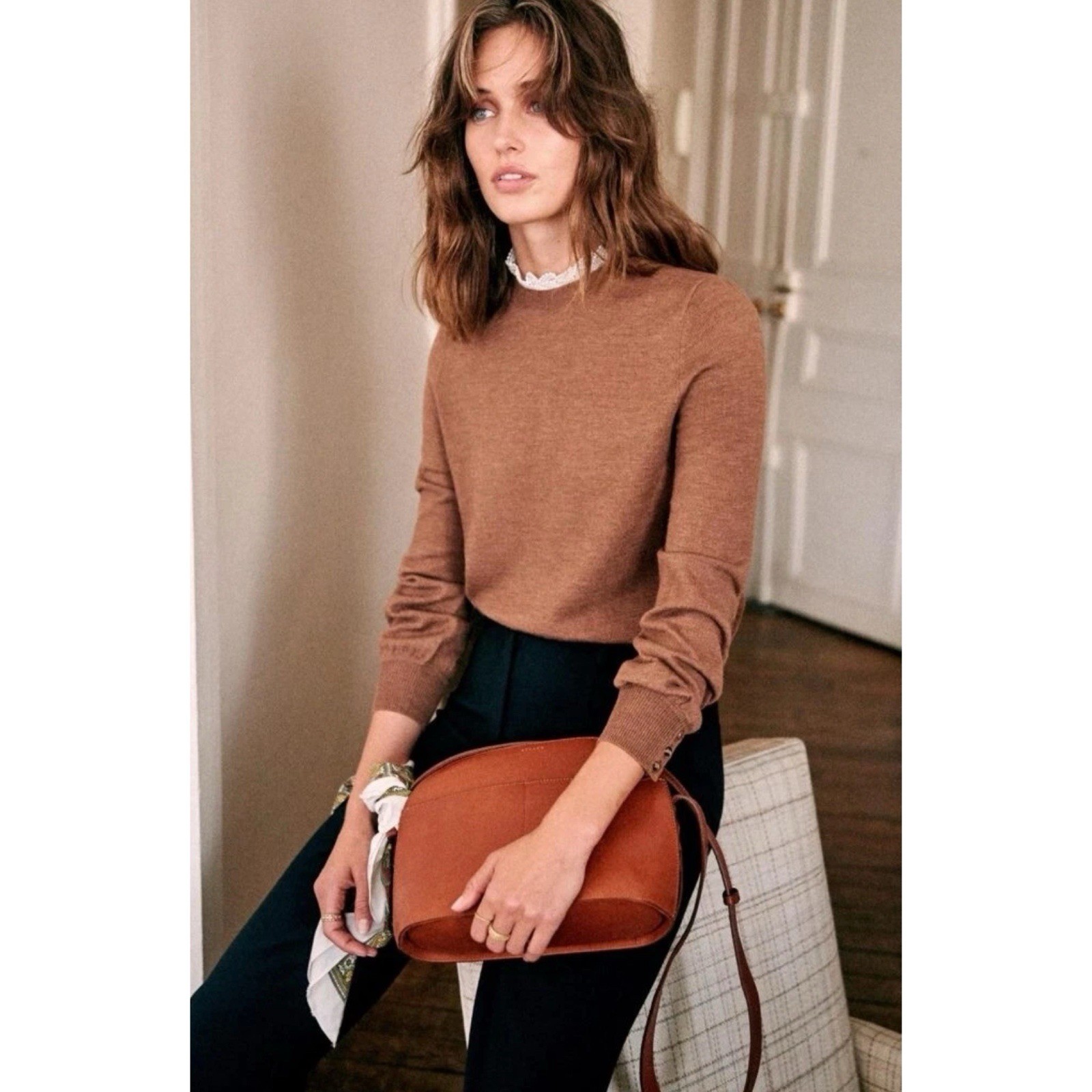 Sezane Eduardo Jumper 100% Merino Wool Sweater Size S Brown