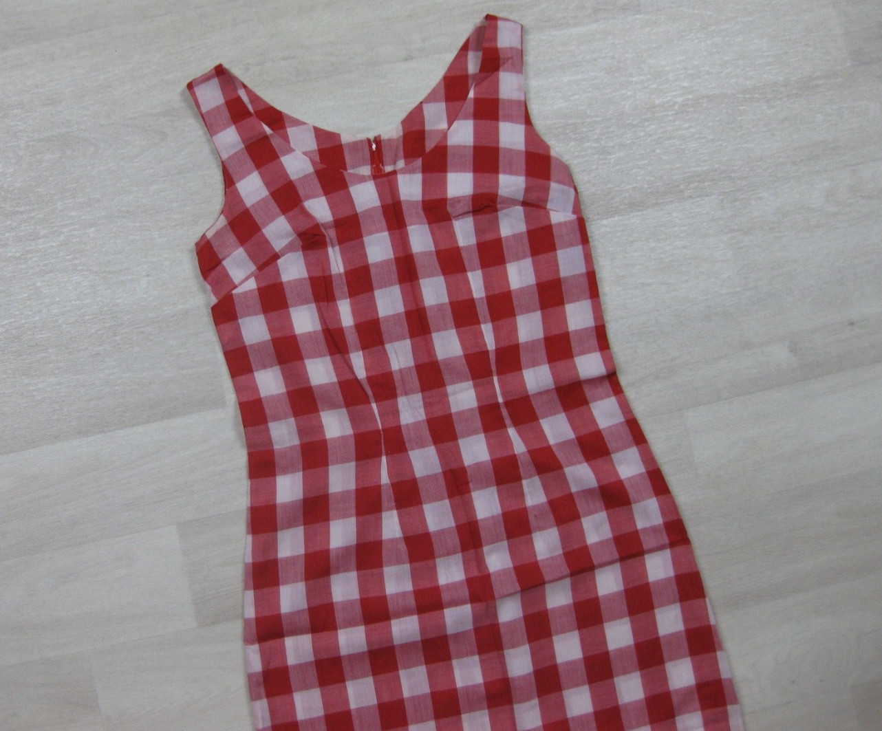 Vintage 60s Gingham Mini Sheath Shift Dress (XS) Cotton Red Sleeveless MOD