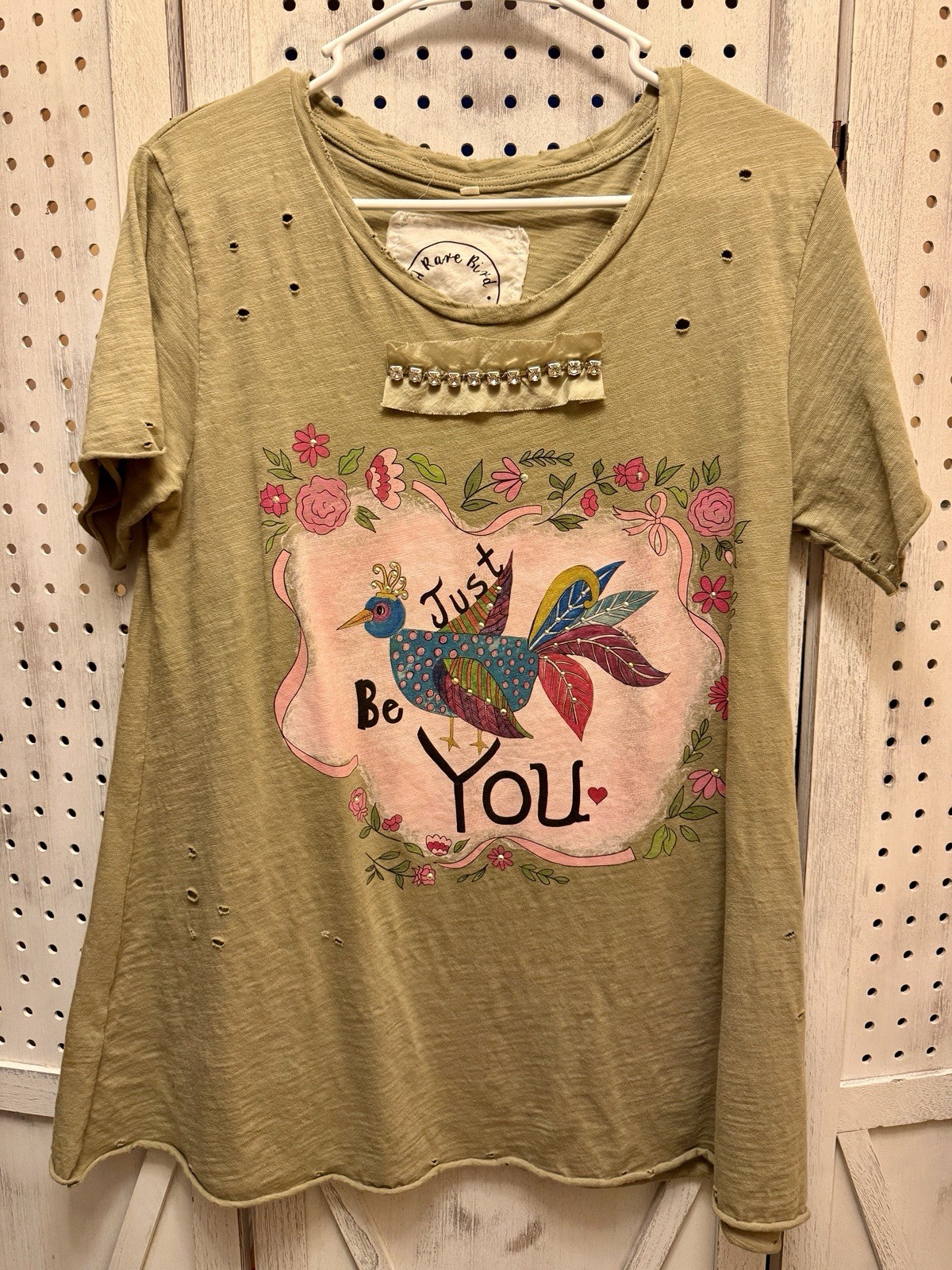 A Rare Bird Distressed Jeweled Tshirt Sz:S/M Just be You