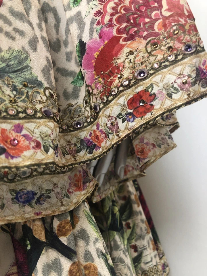 Camilla M/L 12 LEOS BOUQUET A-Line Gathered Panel Dress Short Silk Crystals $699