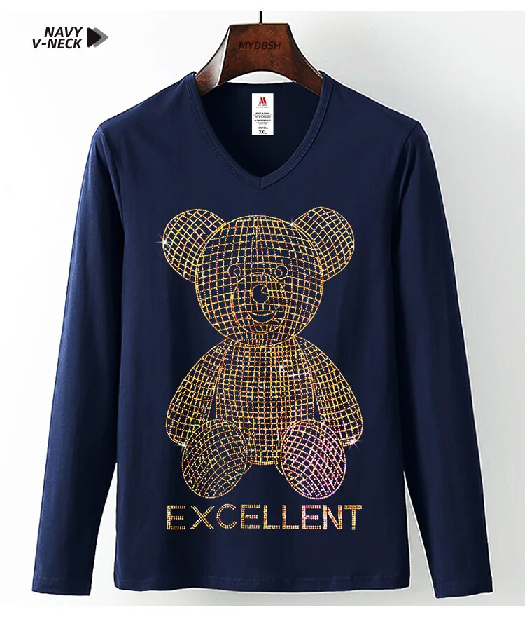 Fashion Trend Bear Rhinestones Streetwear Long Sleeve Luxury Men V-Neck T-Shirt
