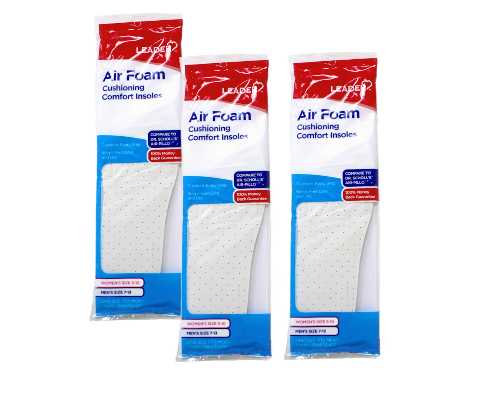 3 Pack – Leader Double Air Foam Insoles Extra Thick Cool & Dry Cushions, 1 Pair
