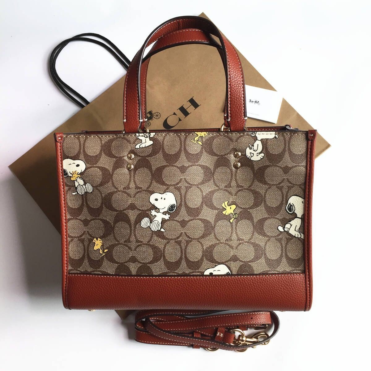 Coach CE862 Snoopy Tote Bag Dempsey Carryall Signature Canvas Smooth Leather