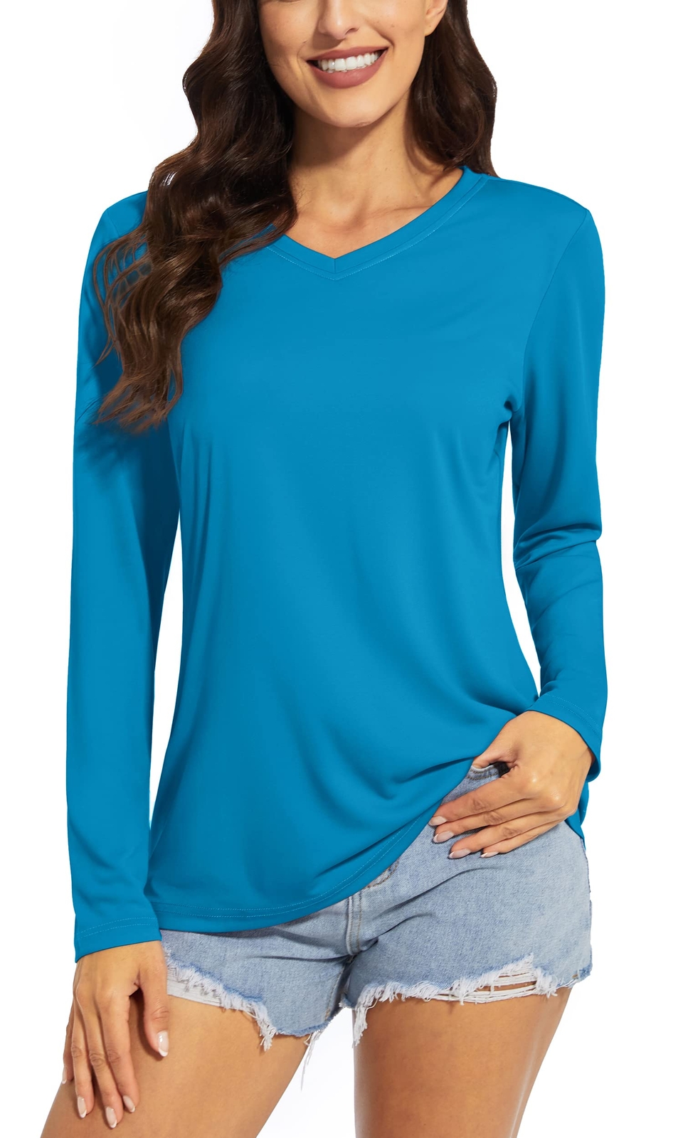 UPF50+ Womens Rash Guard Shirts Long Sleeve Quick Dry V-Neck Hiking Sports Tops