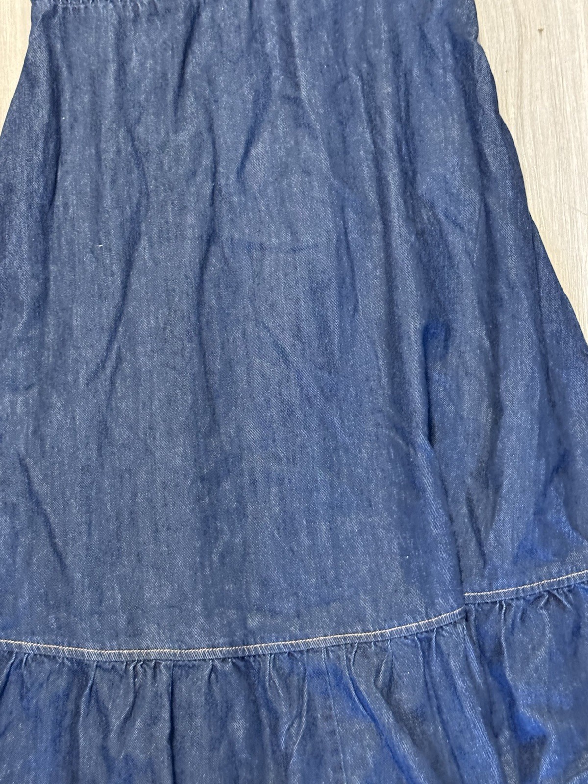 Time and Tru Blue Denim Solid A-Line Midi Dress V-Neck Sleeveless Ruffle L