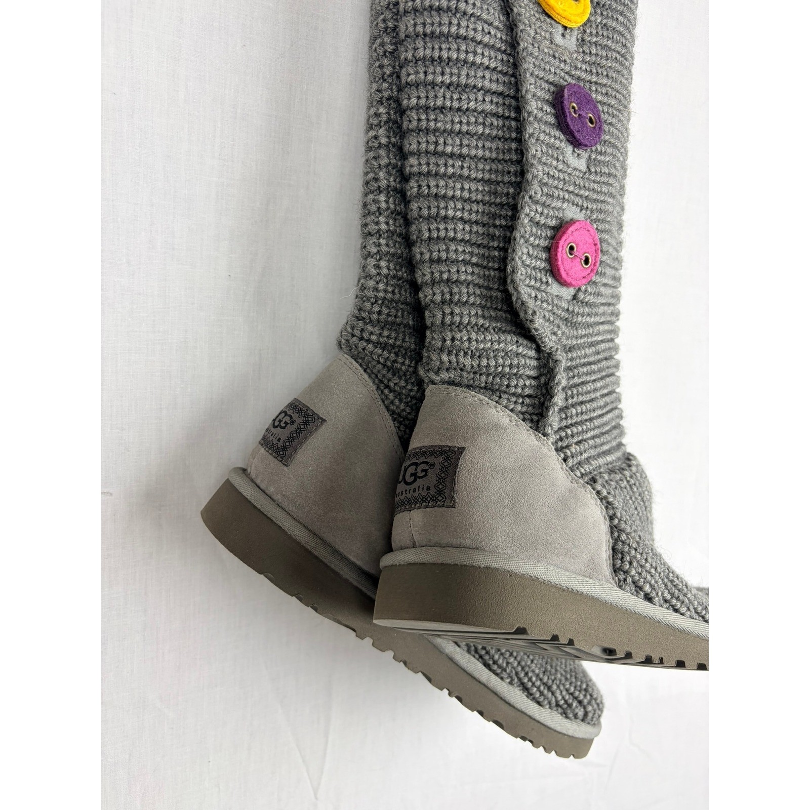 UGG Australia Womens 6 Grey Knit Tall Colorful Buttons Suede Flat Grey Boots