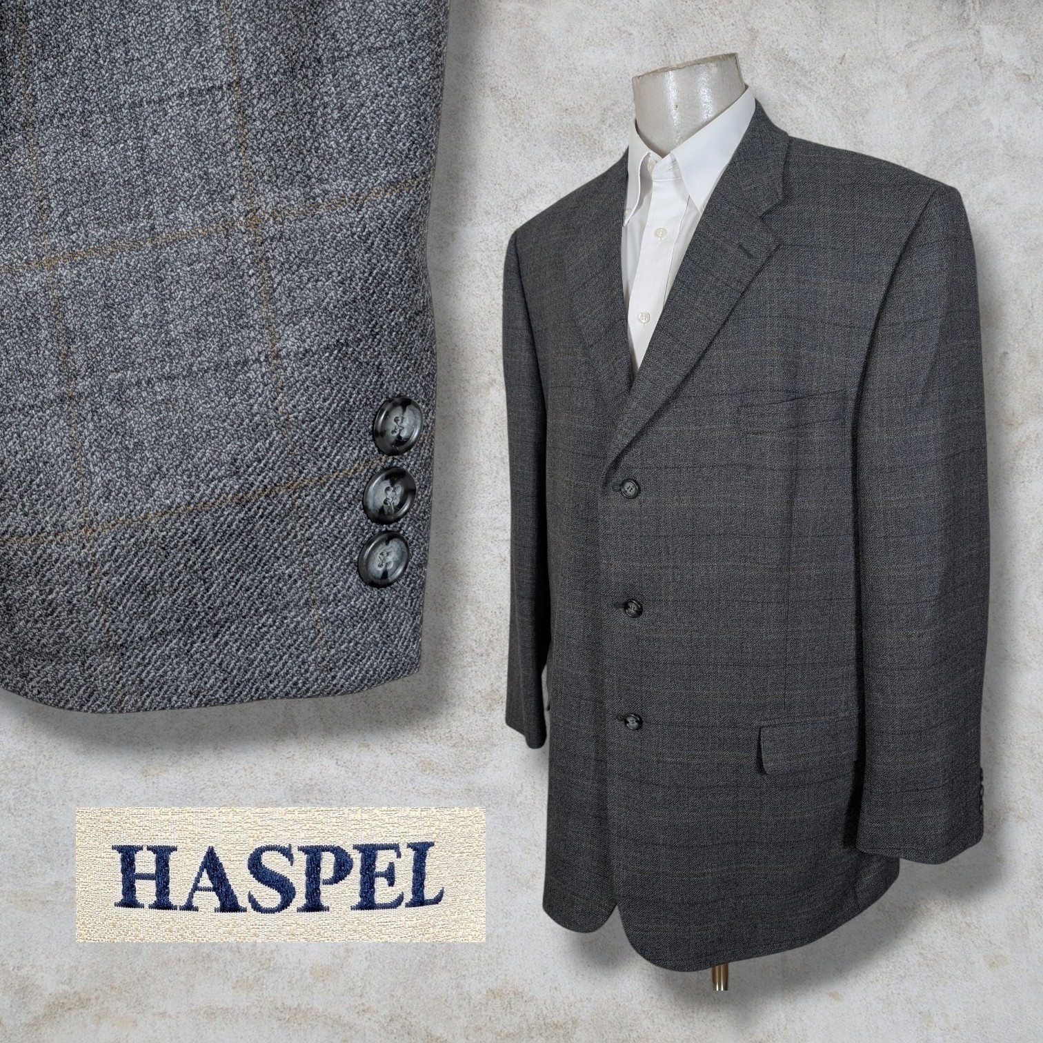 Haspel Blazer Sport Coat Mens 46L Gray Wool Cashmere Brown Windowpane 3 Button