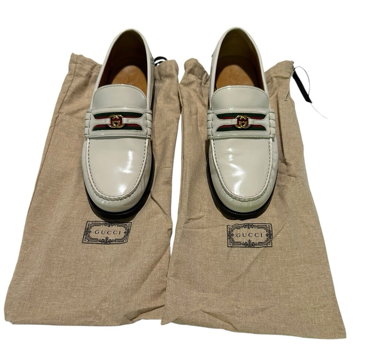 Men Genuine GUCCI Kaveh Webbing White Leather Loafers Shoes GG logo 9.5 US