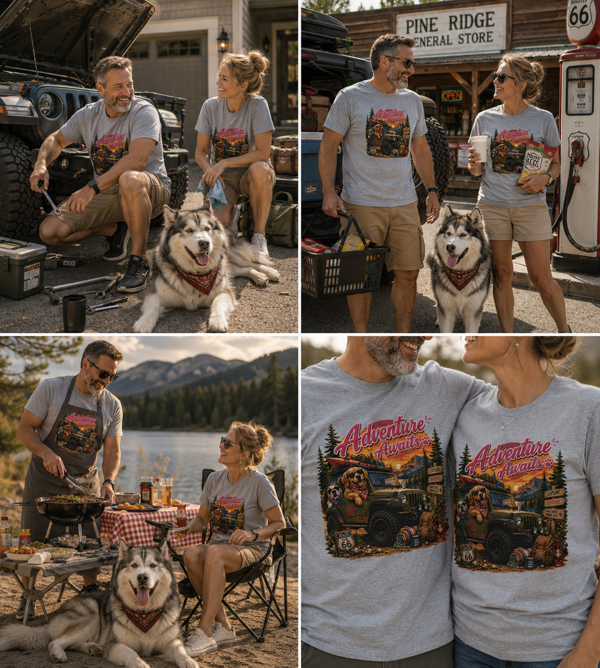 Adventure Awaits Jeep Dog Camping Couple T-Shirt Outdoor Road Trip Gift Tee
