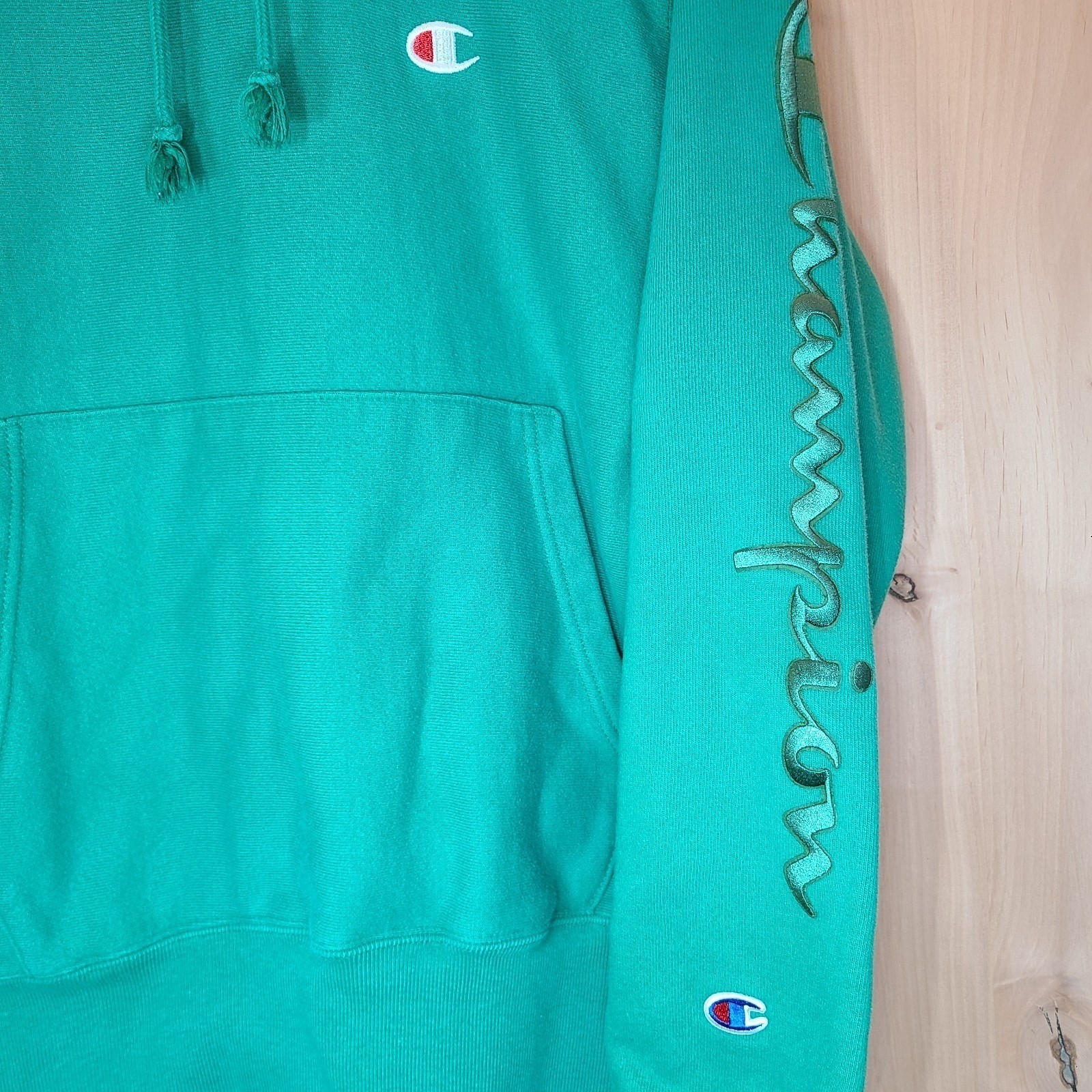 Champion Reverse Weave Hoodie Sweatshirt Green Script Logo Menswear
