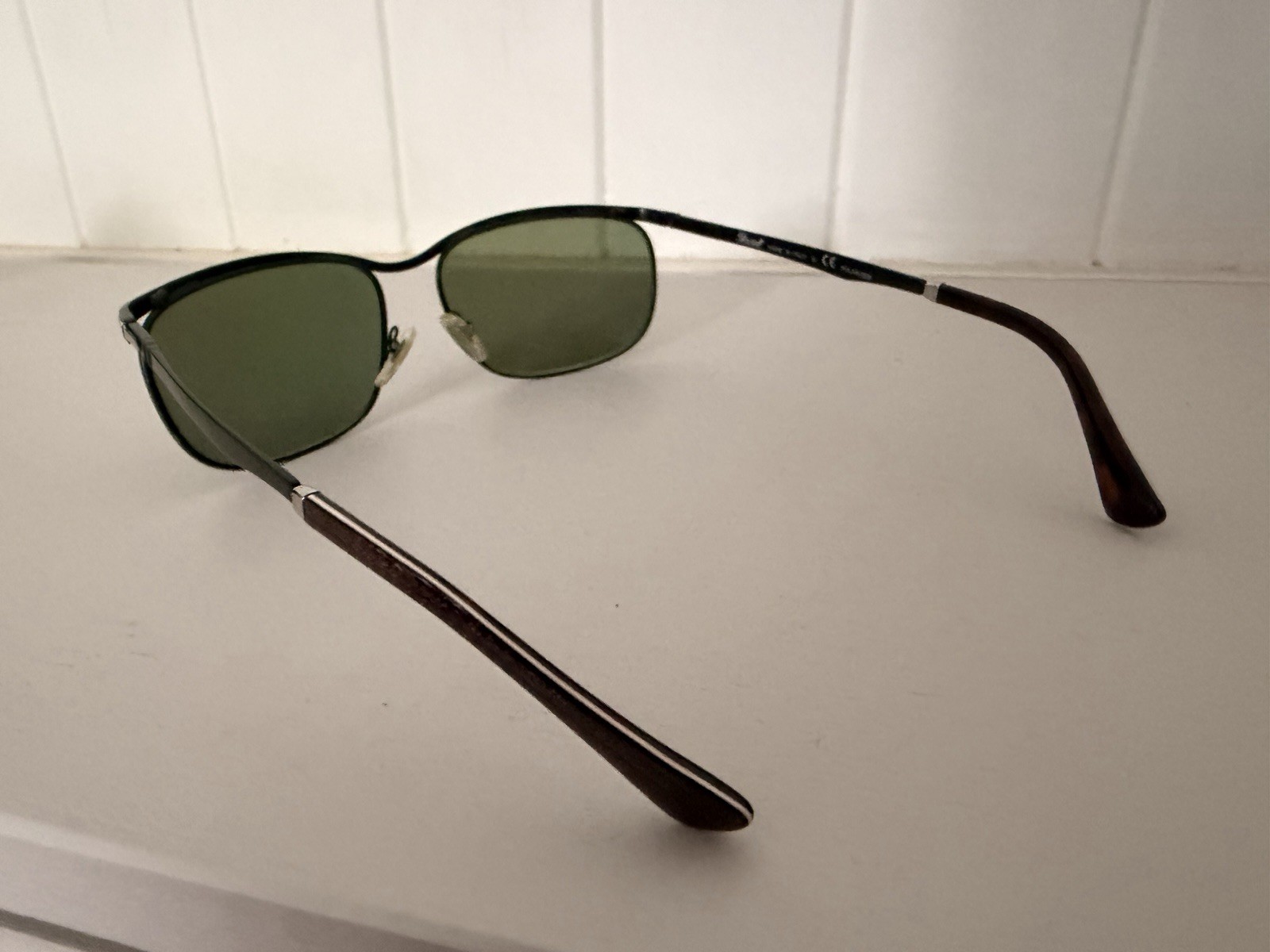 Persol Key West Polarised Sunglasses Black Metal Frame Green Tinted Lenses
