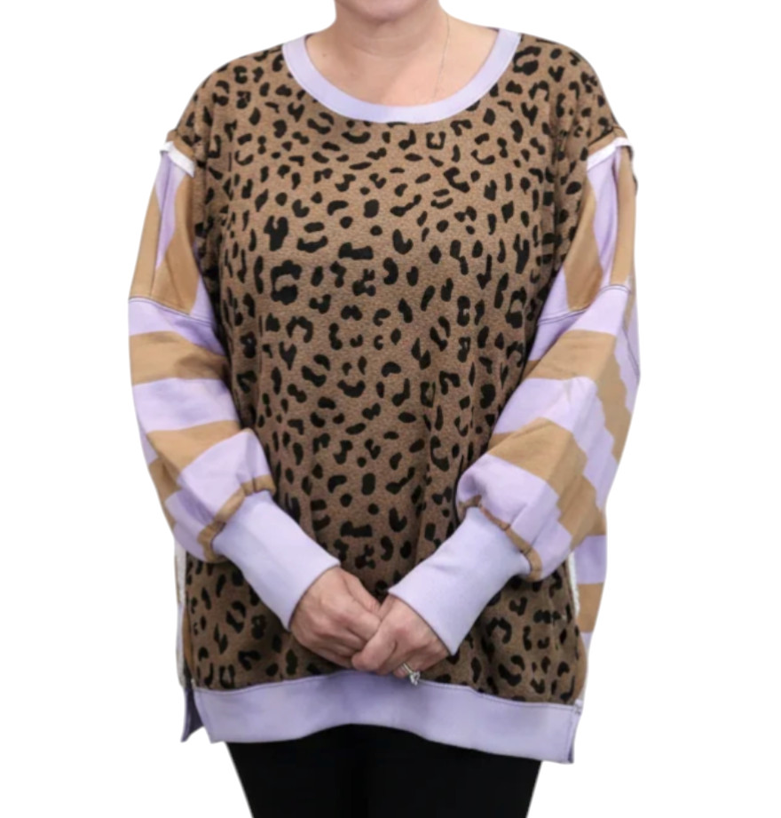 BIBI SWEATSHIRT Purple/Brown Stripes TEXTURED LEOPARD PRINT TOP Oversized SZ 2X
