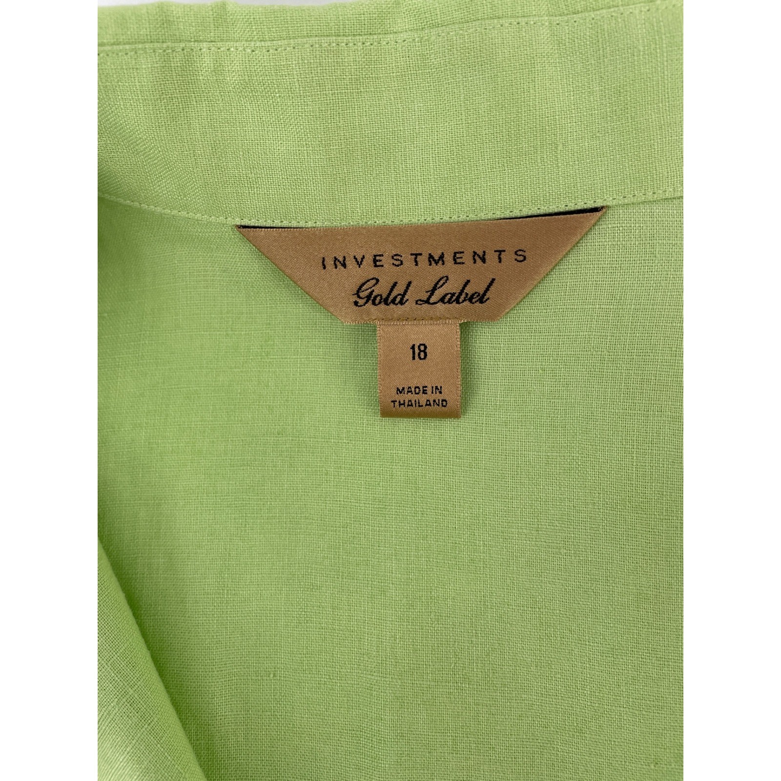Investments Gold Label Button Front Top Womens 18 Lime Green 100% Hemp Spring