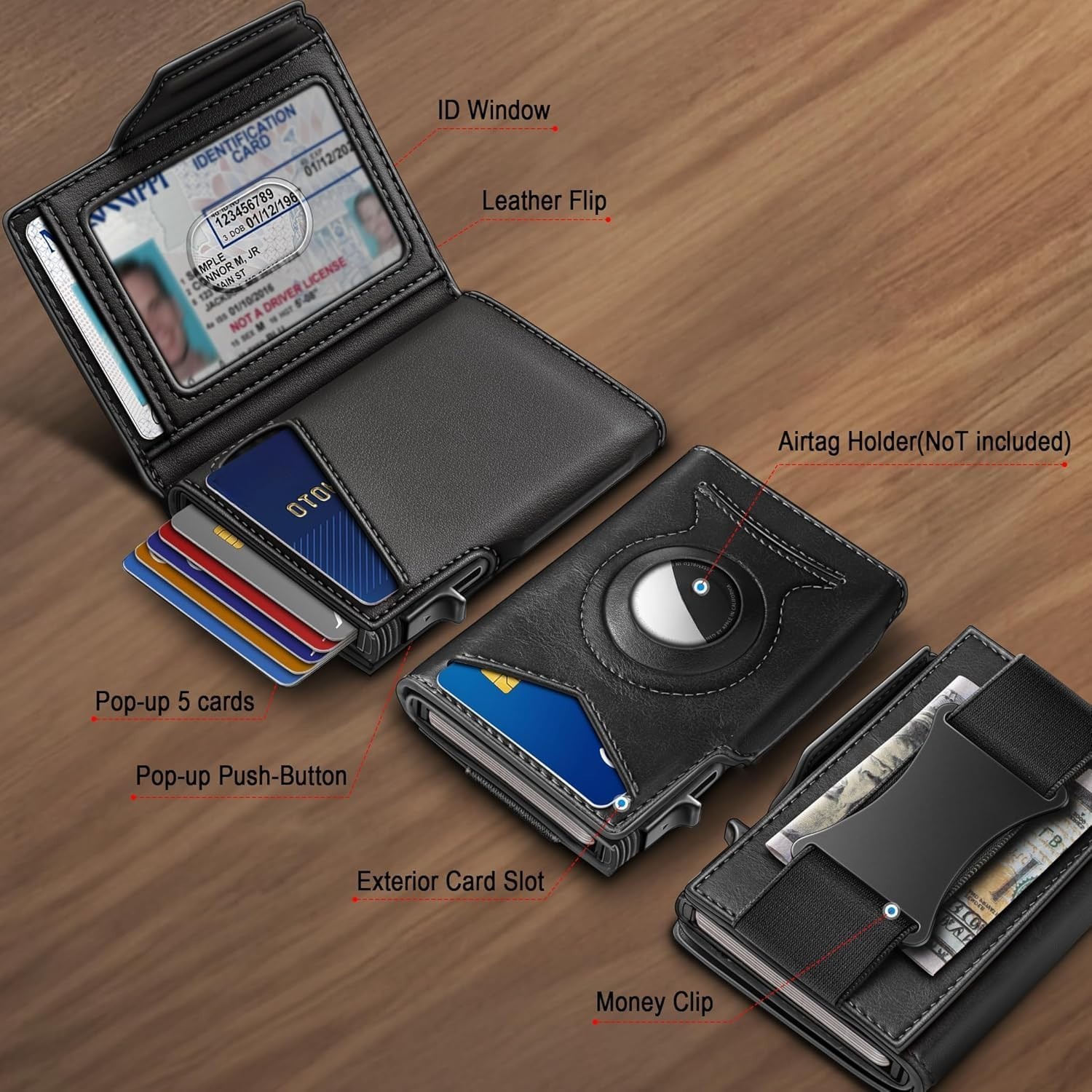 Slim Leather Front Pocket Wallet with Money Clip, AirTag Compatible, Compact Des