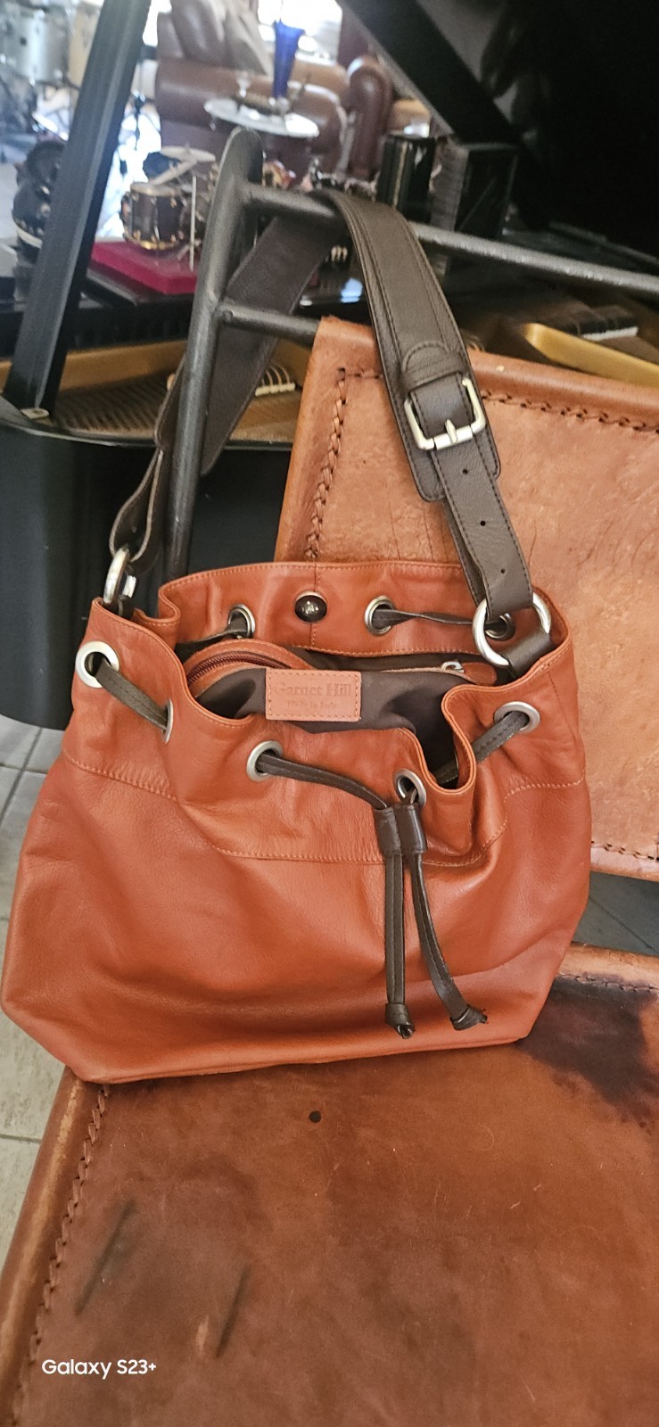 Garnet Hill Italian Leat Bucket Drawstring Shoulder Bag Silver Grommets, Pockets