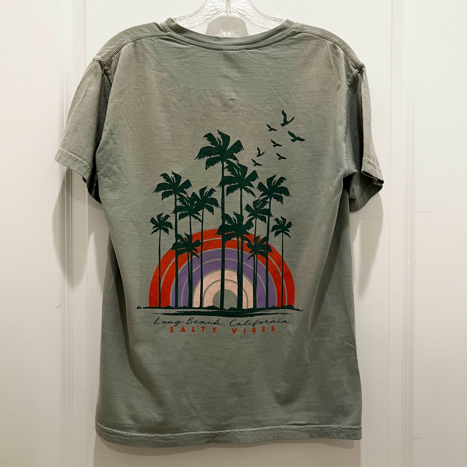 Long Beach California Salty Vibes Tee | Rainbow Palm Trees Seagull Graphic Tee