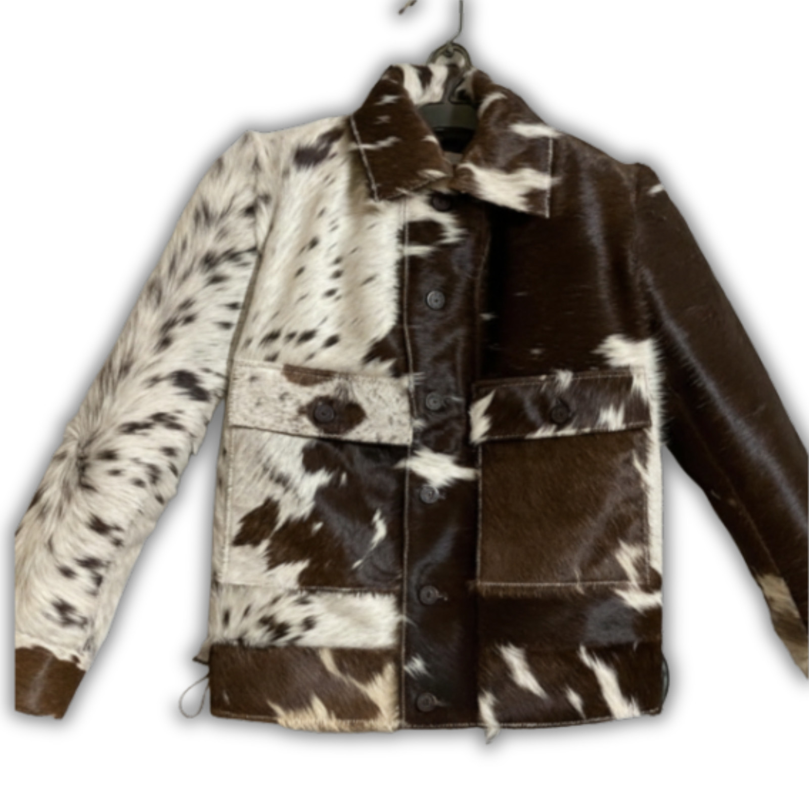 Men’s Brown and White Patchwork Cowhide Hair-On Leather Jacket – Front Button.