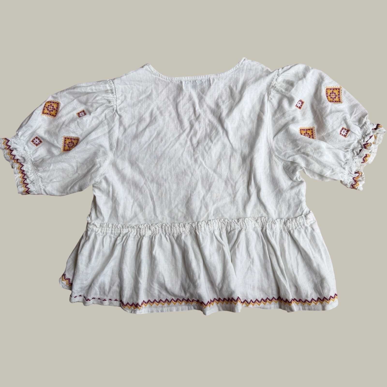 Petal & Pup Dawston Top White Embroidered V-Neck Boho Linen Blend Peplum Blouse