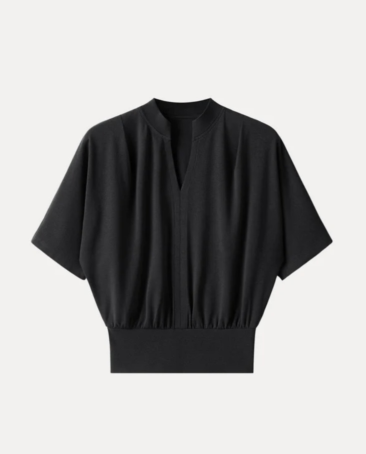 Oglmove Stand Collar V-Neck Short Sleeve Top, Black Color, New