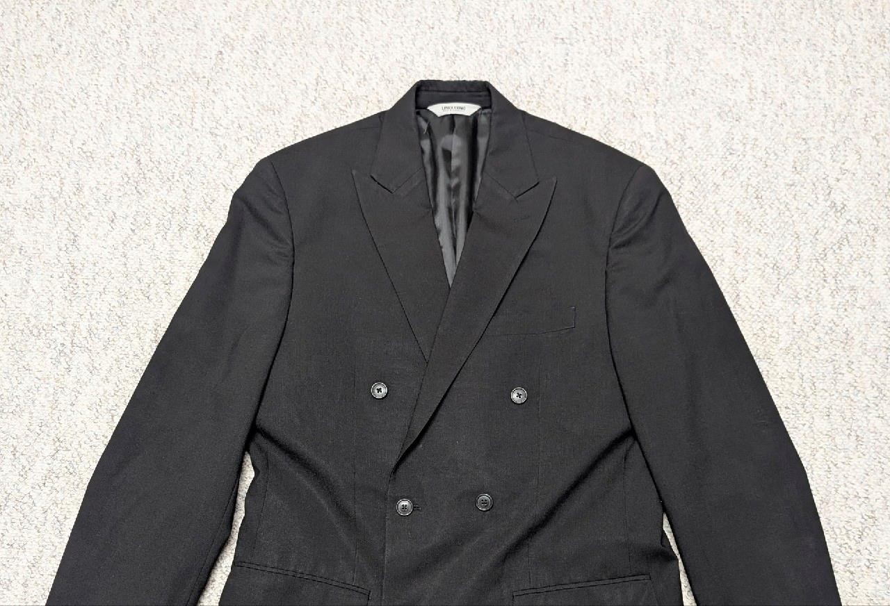 1990s vintage 2PC SUIT double breasted 40L 34×34 black WOOL lightweight