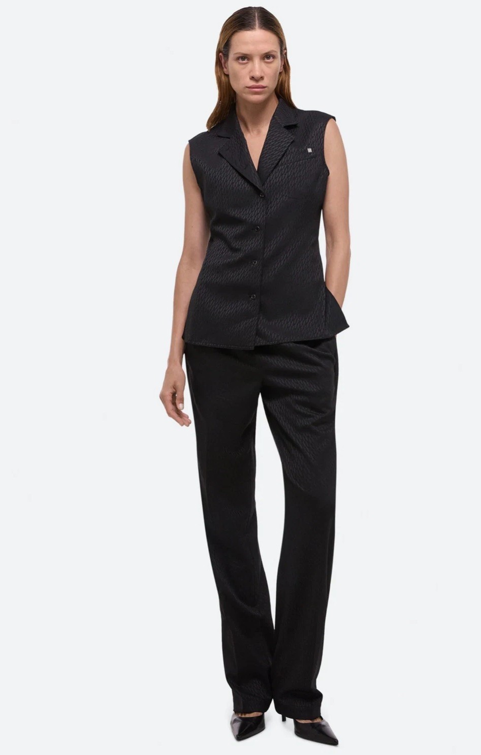 $545 HELMUT LANG Size 8 Sleeveless Modest Vest Black Tonal Jacquard Top
