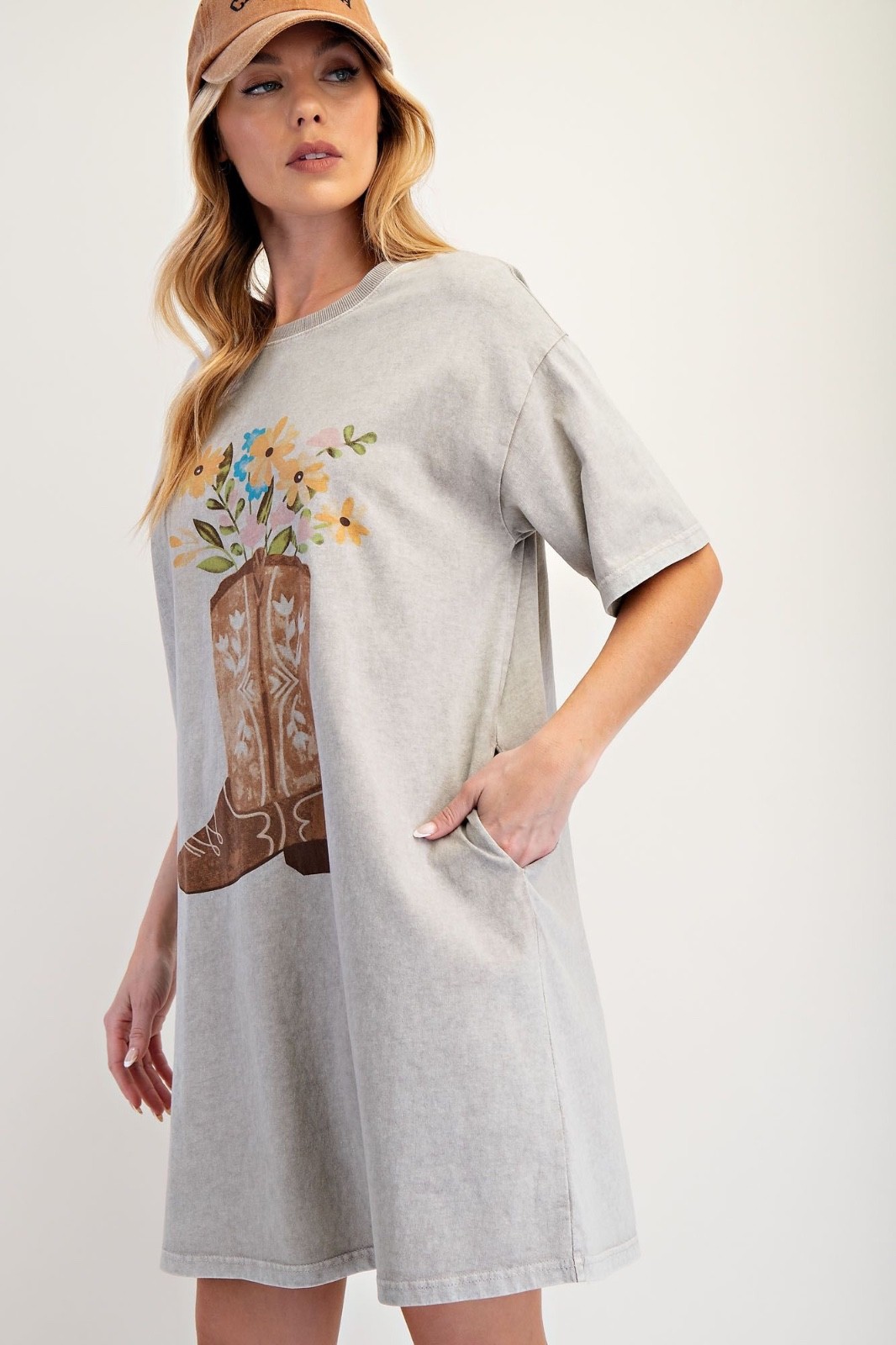 New Easel Boot Flower Cotton Tunic Dress Relaxed Fit Plus Size 2X Gray T Shirt