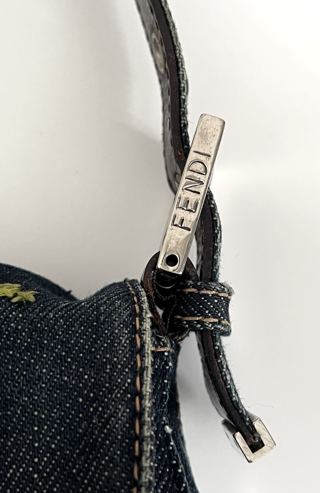 Authentic Vintage Fendi Y2K Indigo Denim Floral Embroidered Baguette Handbag