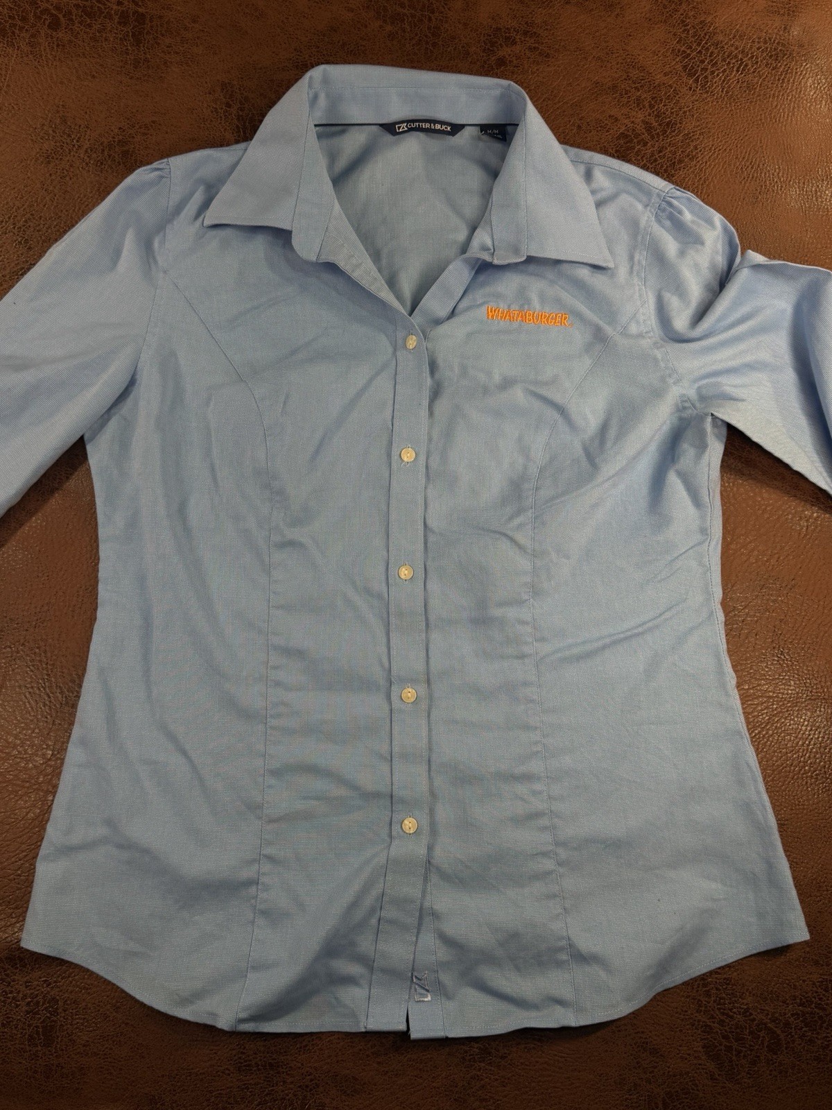 Whataburger Uniform Shirt Women’s Medium Cutter & Buck Light Blue Button Up Top