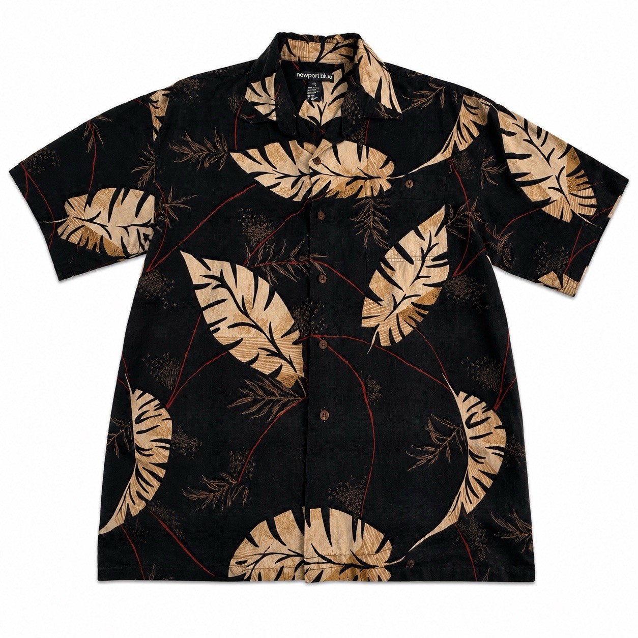 Newport Blue Men’s L Linen Rayon Hawaiian Camp Shirt Wood Buttons Tropical 23×30