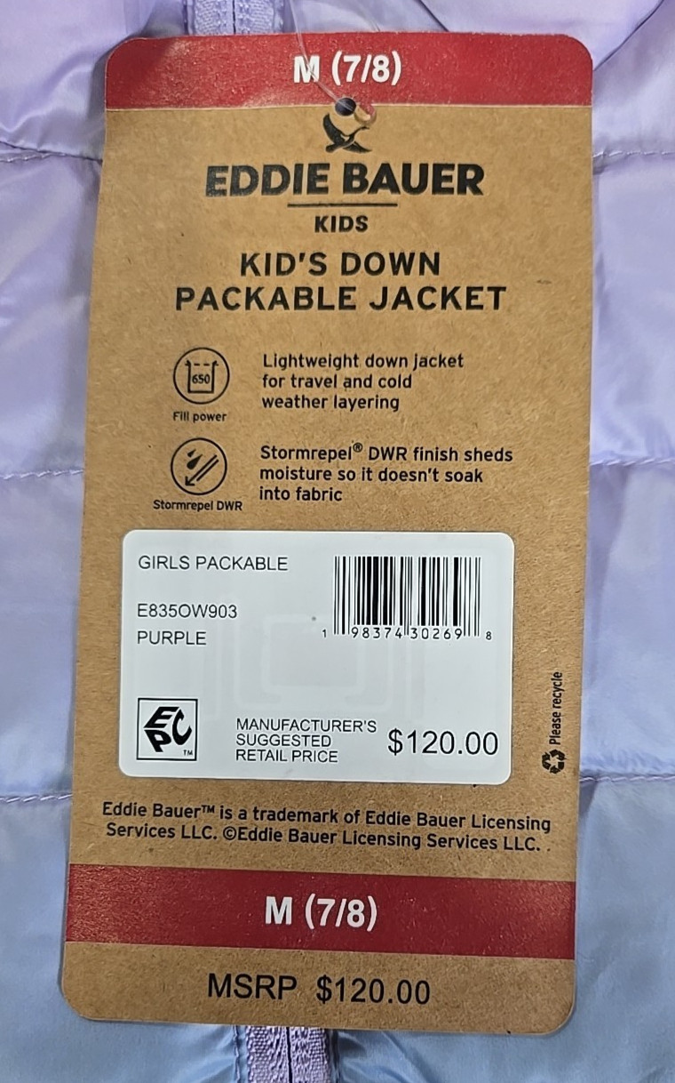 NWT: Girl’s Eddie Bauer Down Packable Jacket – 2 Colors/4 Sizes to Choose From!