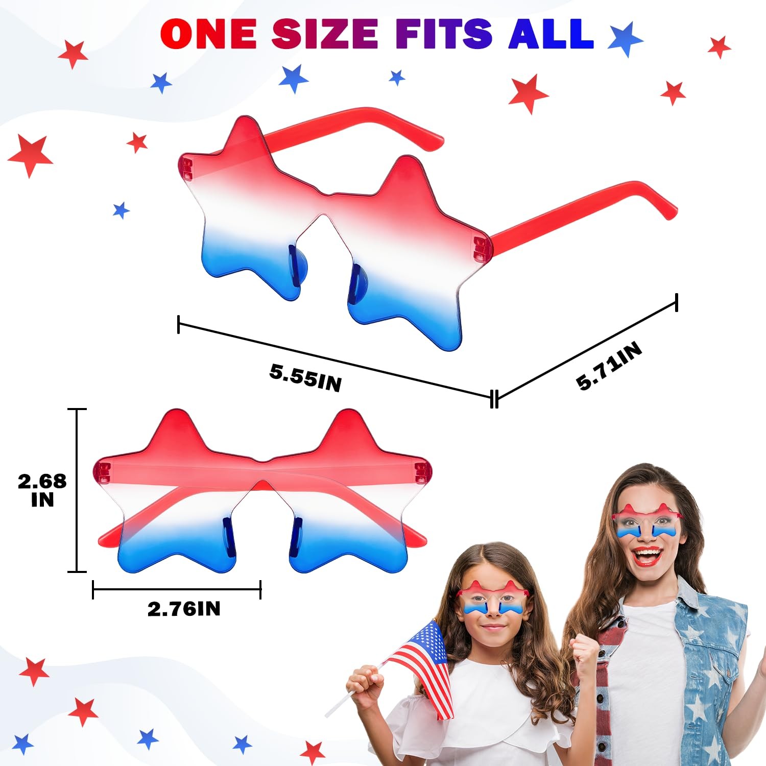 4th of July Red White Blue Star Rimless Sunglasses 3 PCS for Women Men