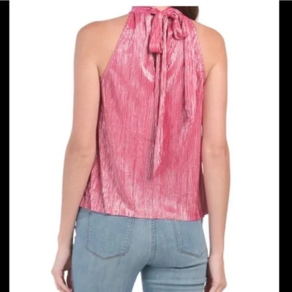 CECE Pink Metallic Pleated Halter Shimmer Party Date Nite Top with Back Bow Sz L