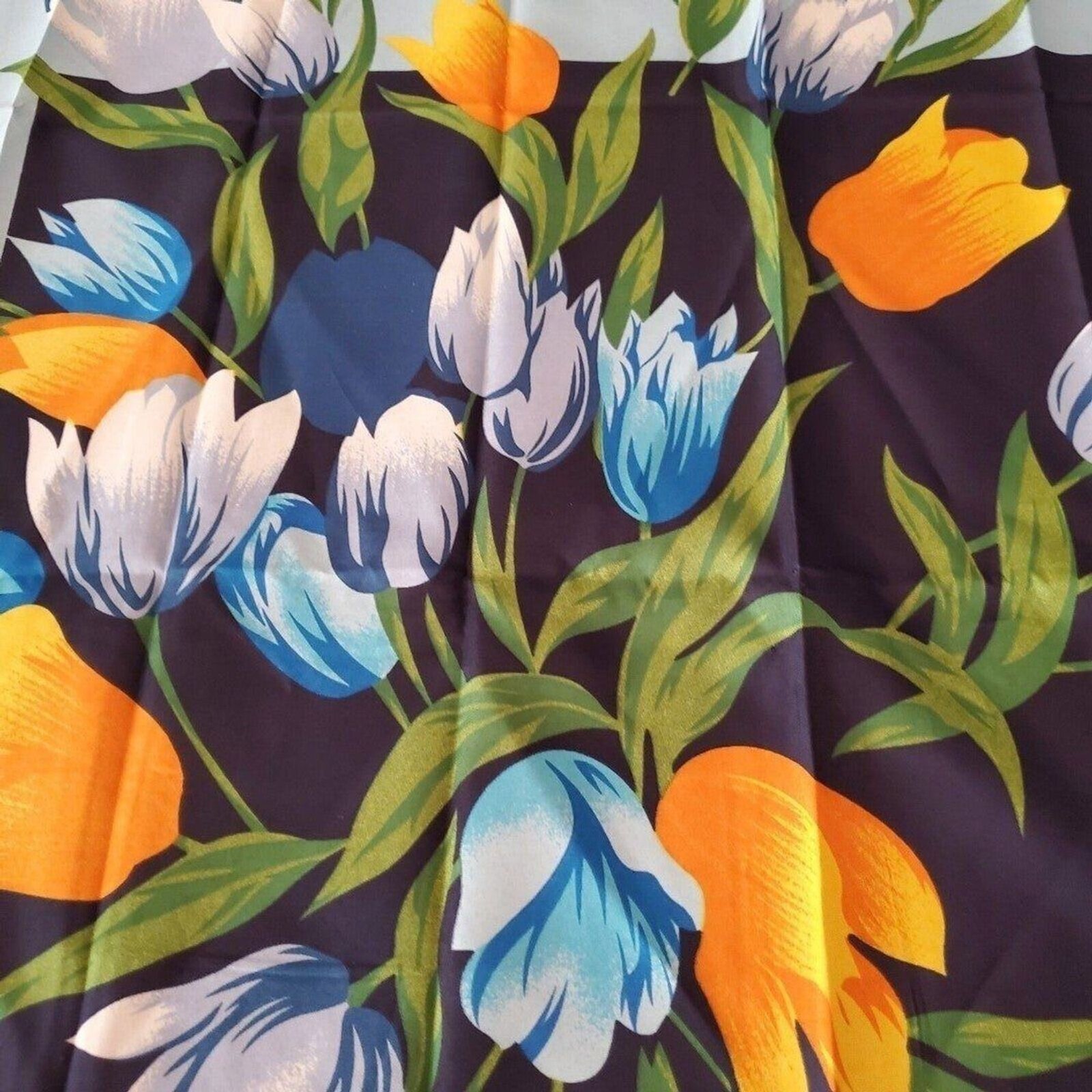 Womens Vintage Navy Blue Multicolor Tulip Floral Polyester Square Scarf Border