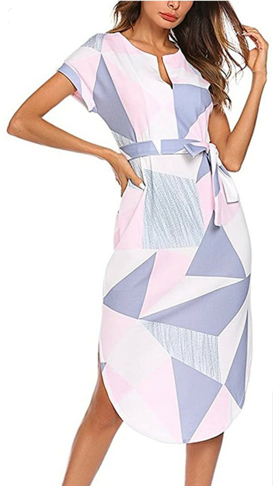Women’s Casual Floral/Geometric Pattern Short Sleeve Spring-Summer Dress w/ Belt