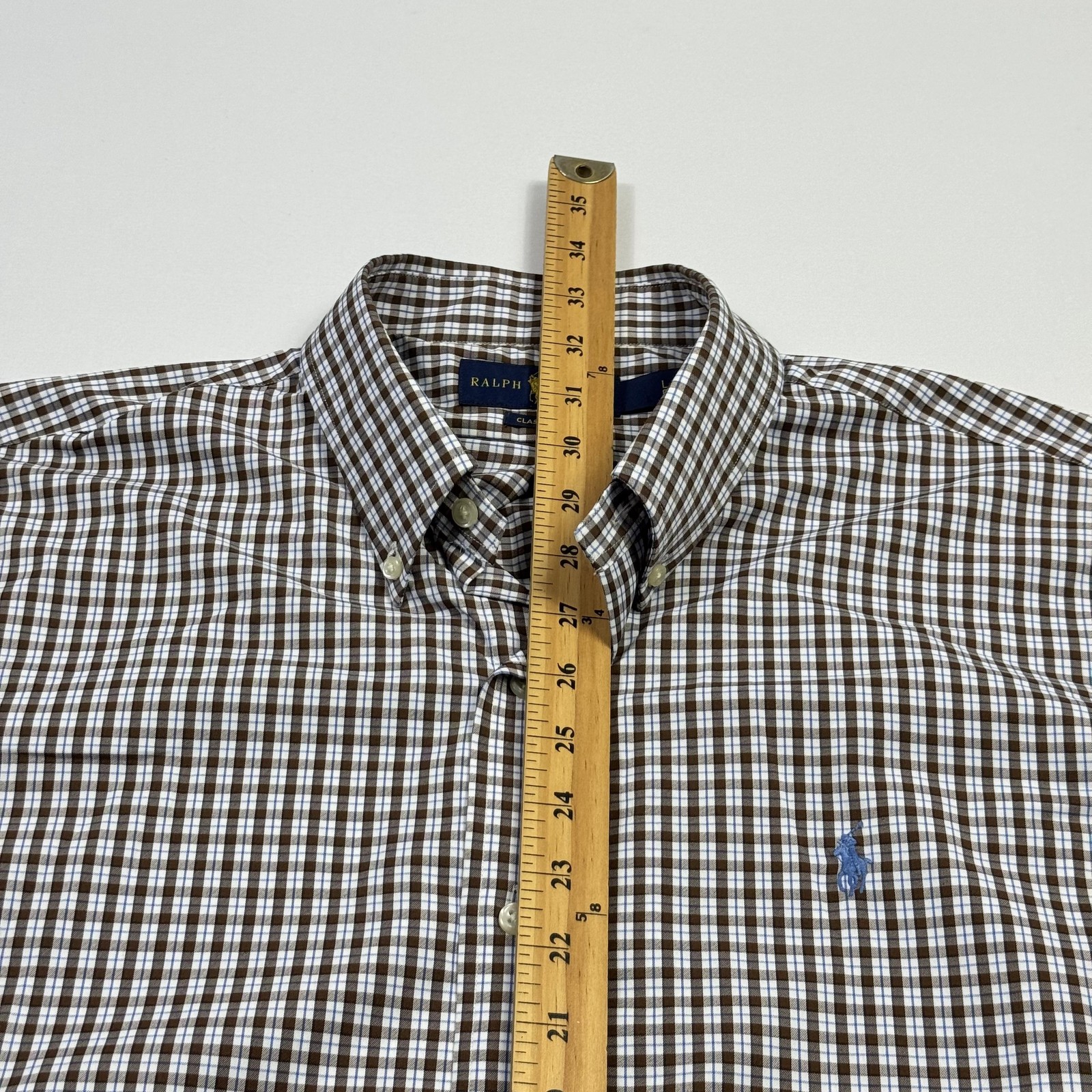 Ralph Lauren Button Shirt Mens Large Brown Blue Plaid Nylon Elastane Long Sleeve