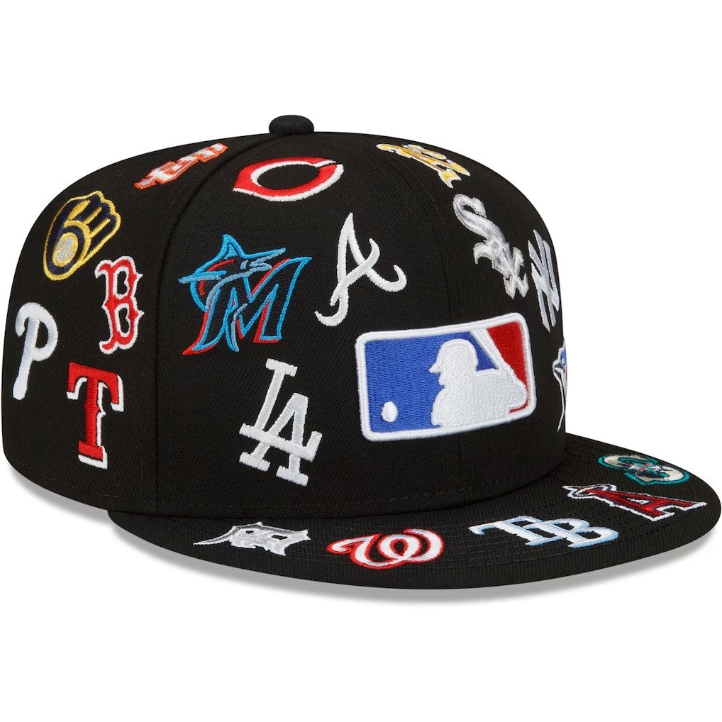 New Era 59Fifty Black MLB Allover Team Logos Grey Under Visor – NWT – 7 1/2
