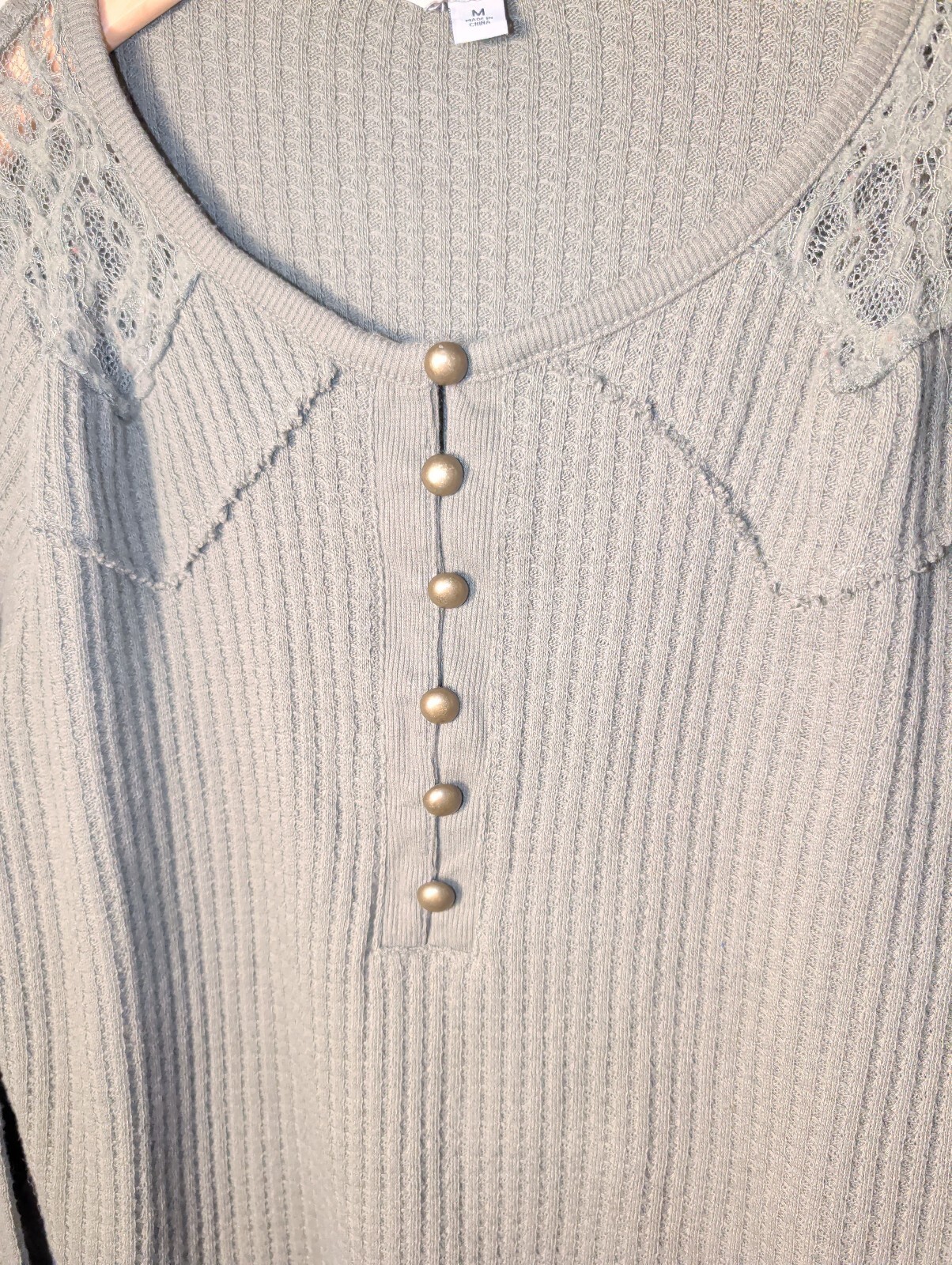 Frye and Co. Womens Medium Sage Green Waffle Knit Long Sleeve Top Henley Fall